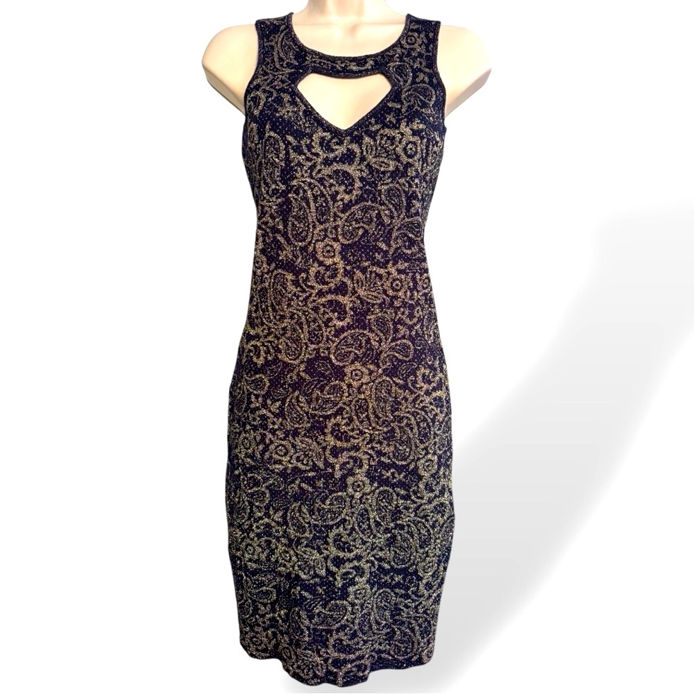 Cache Vintage Y2K  Stretchy Metallic Knit Dress Size XS Navy Gold